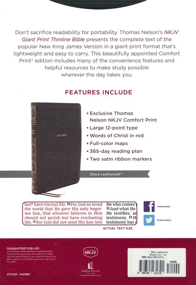NKJV Giant-Print Thinline Bible, Comfort Print--soft leather-look, black (indexed, red letter)